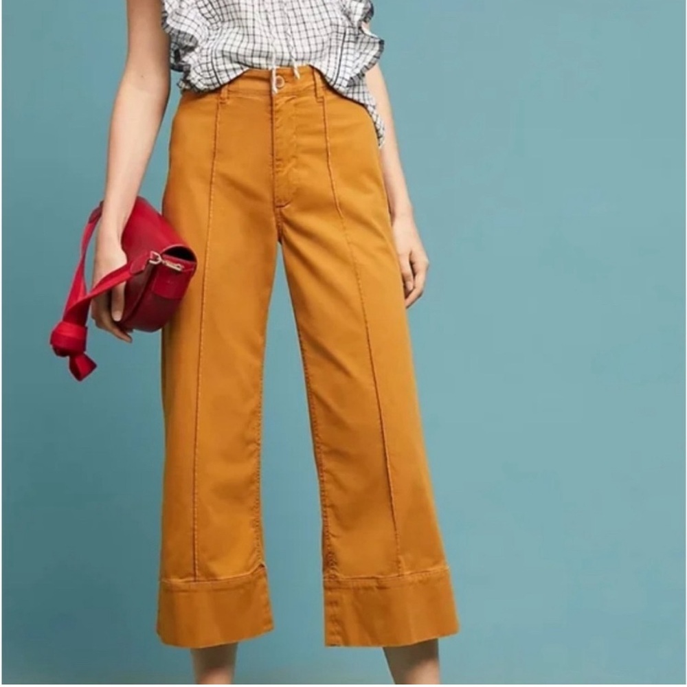 Anthropologie wide leg cropped trousers with piped hem for cuffed look.